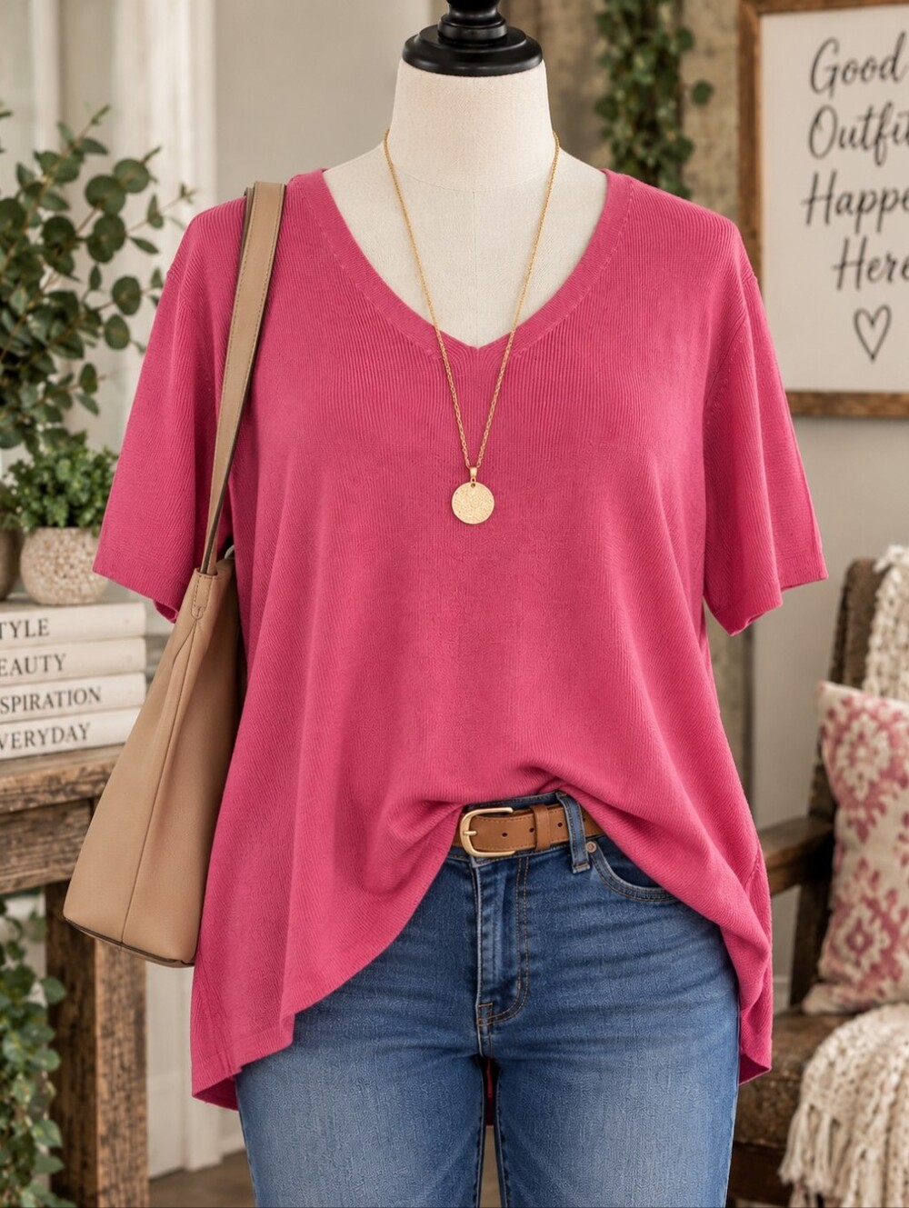 J.G. Hook 2X Raspberry Pink V-Neck Short Sleeve Knit Sweater Rayon Cotton